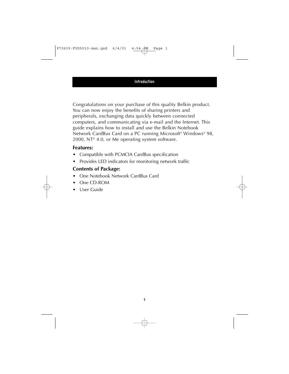 Features, Contents of package | Belkin F5D5010 User Manual | Page 4 / 52