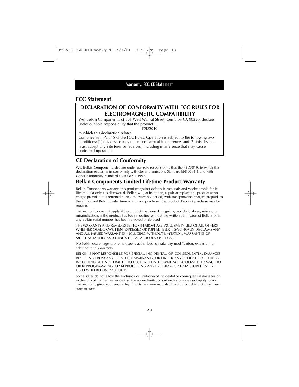 Ce declaration of conformity | Belkin F5D5010 User Manual | Page 51 / 52