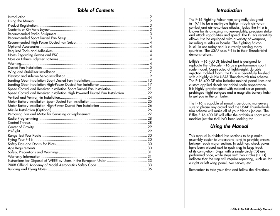 E-flite F-16 400 DF ARF User Manual | Page 2 / 36