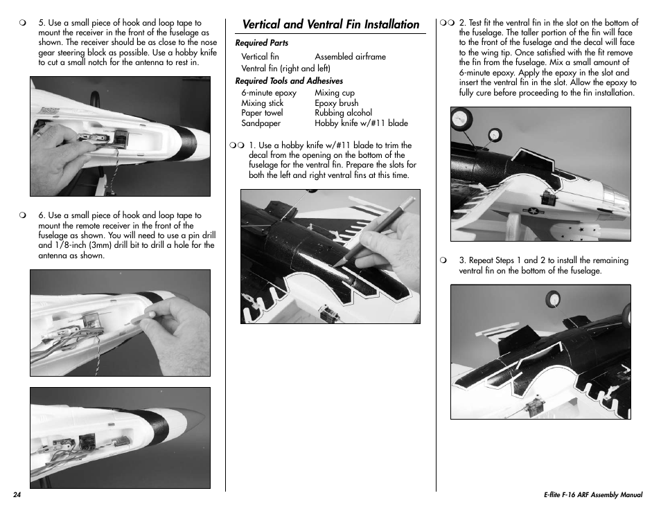 Vertical and ventral fin installation | E-flite F-16 400 DF ARF User Manual | Page 24 / 36