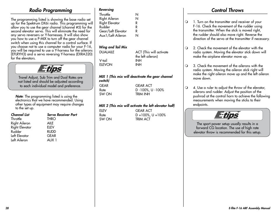 Radio programming, Control throws | E-flite F-16 400 DF ARF User Manual | Page 28 / 36