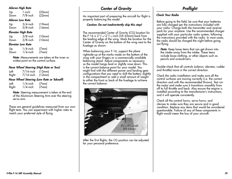 Center of gravity, Preflight | E-flite F-16 400 DF ARF User Manual | Page 29 / 36