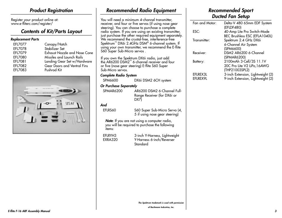 Product registration, Contents of kit/parts layout, Recommended radio equipment | Recommended sport ducted fan setup | E-flite F-16 400 DF ARF User Manual | Page 3 / 36