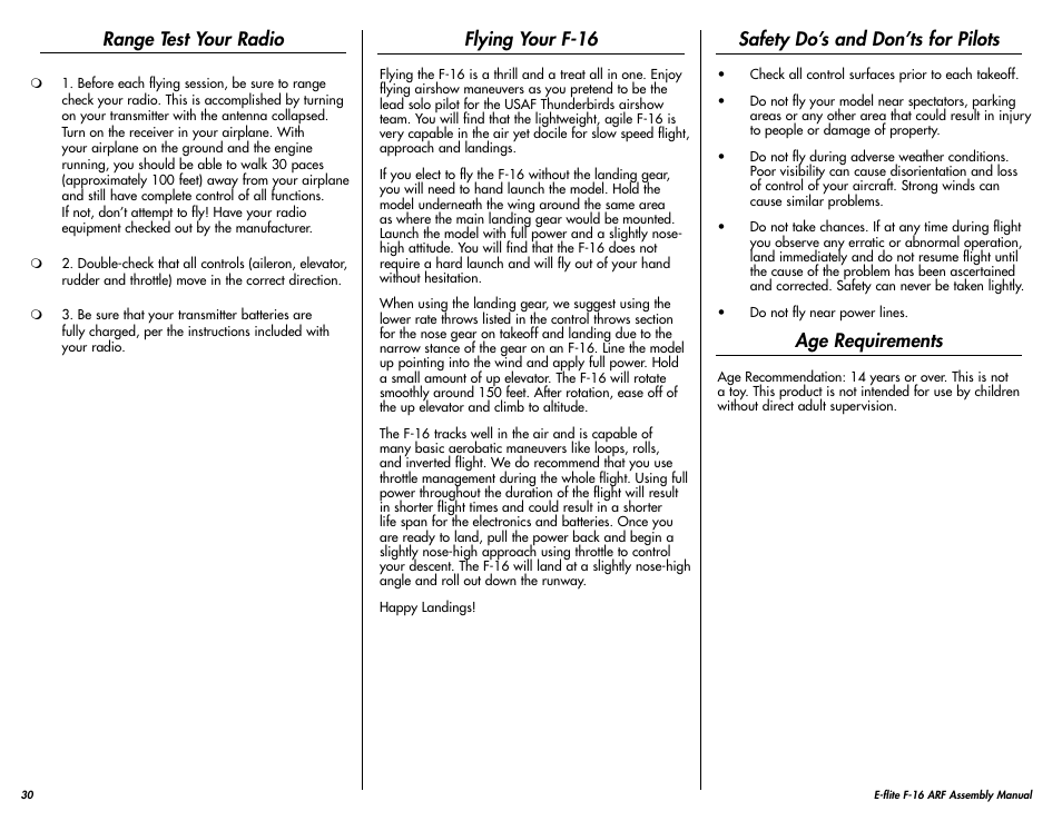 Range test your radio, Flying your f-16, Safety do’s and don’ts for pilots | Age requirements | E-flite F-16 400 DF ARF User Manual | Page 30 / 36