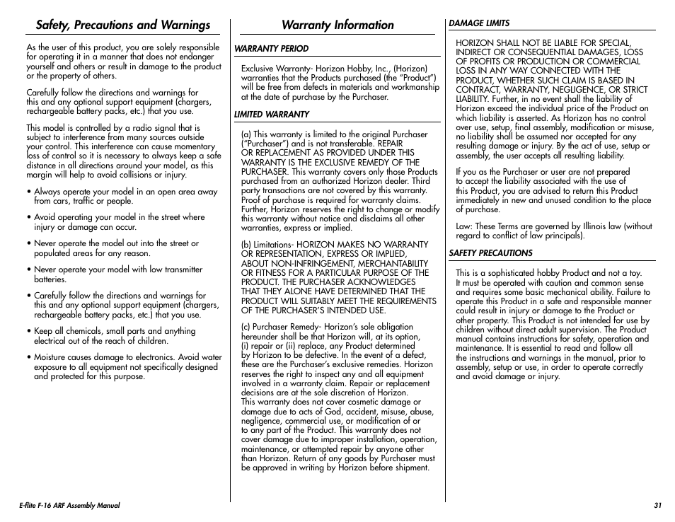 Safety, precautions and warnings, Warranty information | E-flite F-16 400 DF ARF User Manual | Page 31 / 36