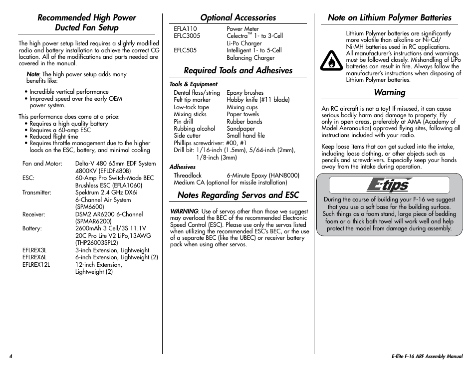 Recommended high power ducted fan setup, Optional accessories, Required tools and adhesives | Notes regarding servos and esc, Note on lithium polymer batteries, Warning | E-flite F-16 400 DF ARF User Manual | Page 4 / 36