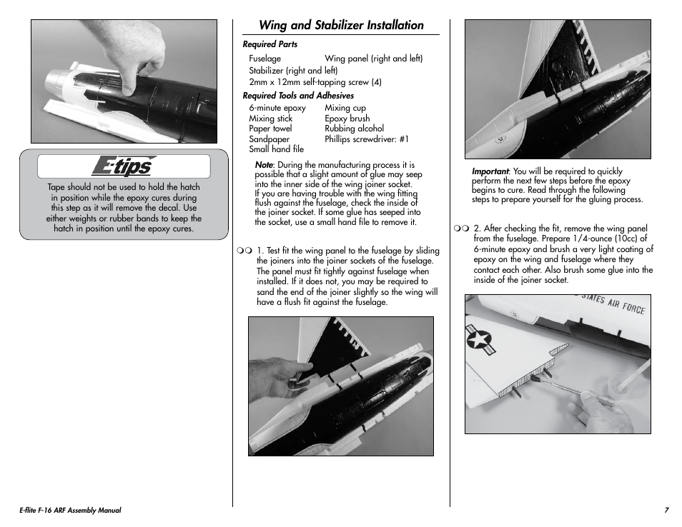 Wing and stabilizer installation | E-flite F-16 400 DF ARF User Manual | Page 7 / 36