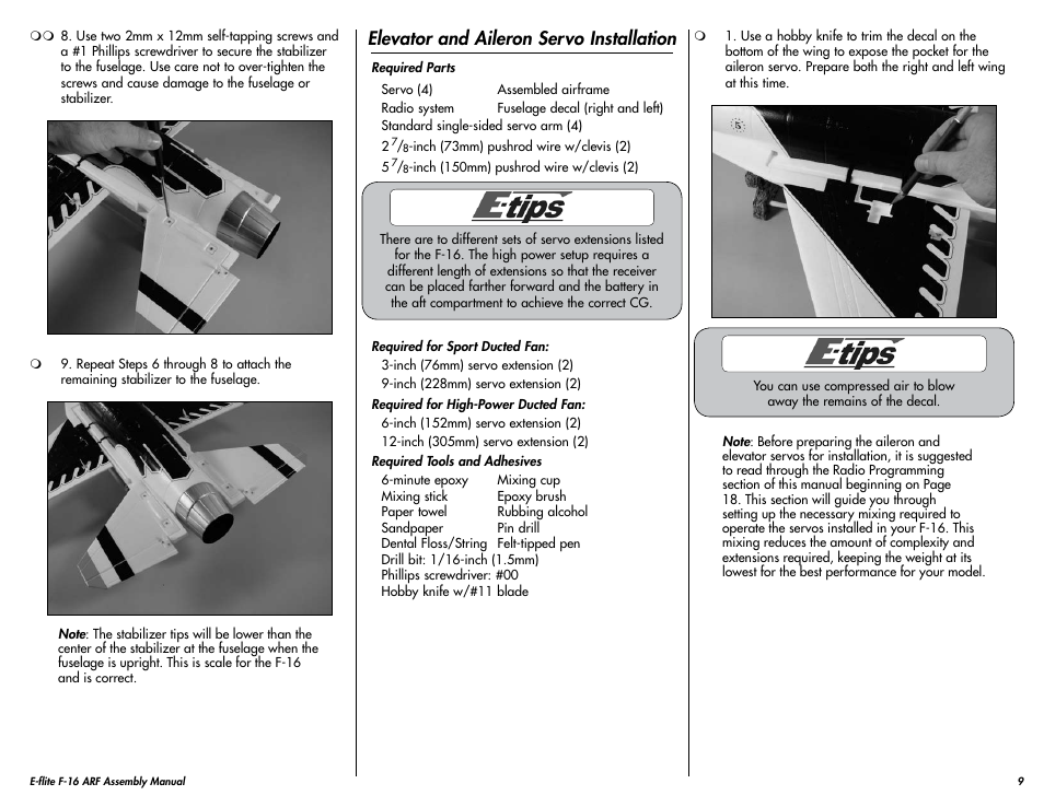 Elevator and aileron servo installation | E-flite F-16 400 DF ARF User Manual | Page 9 / 36