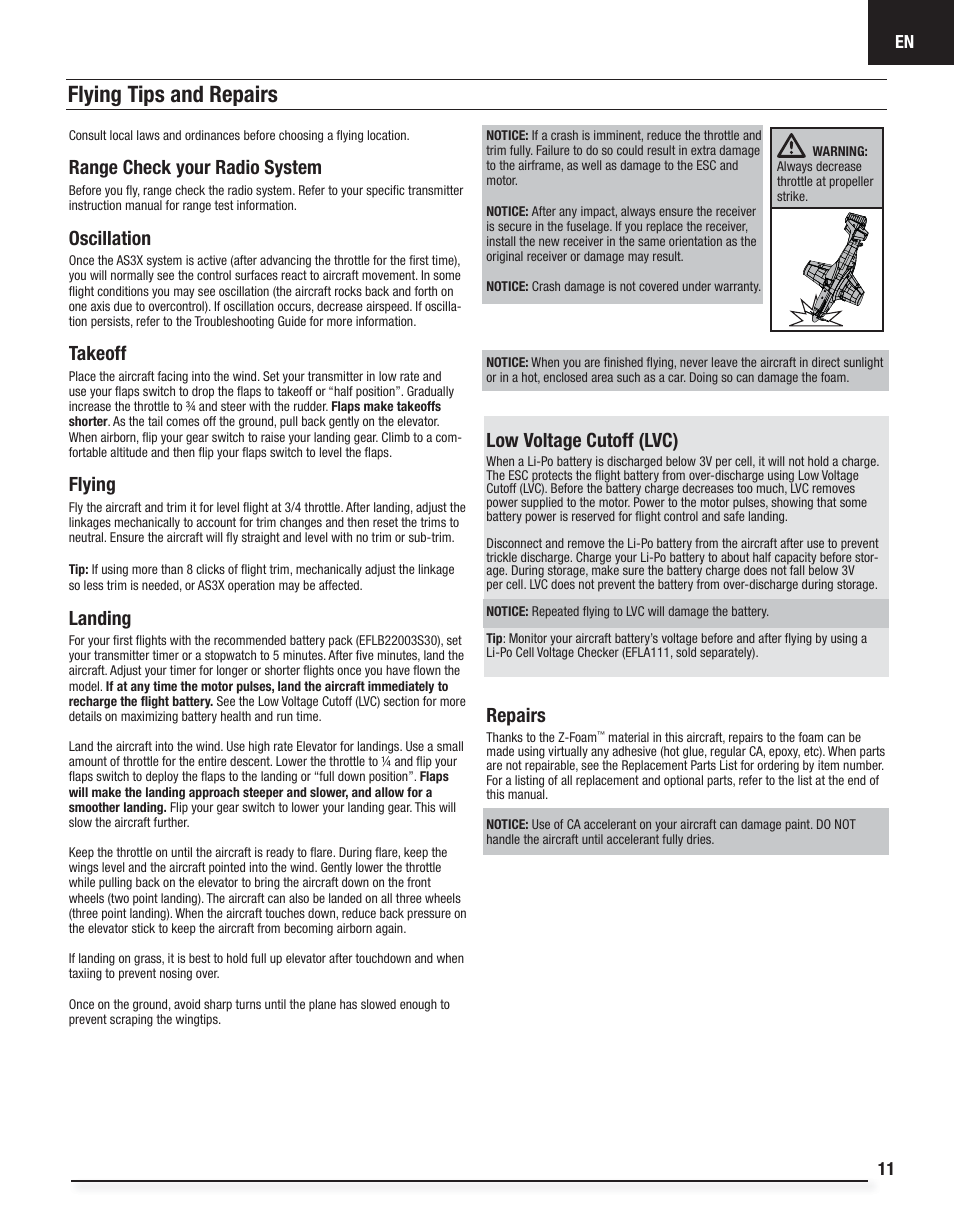 Flying tips and repairs, Range check your radio system, Oscillation | Takeoff, Flying, Landing, Low voltage cutoff (lvc), Repairs | E-flite P-51D Mustang BNF Basic User Manual | Page 11 / 20