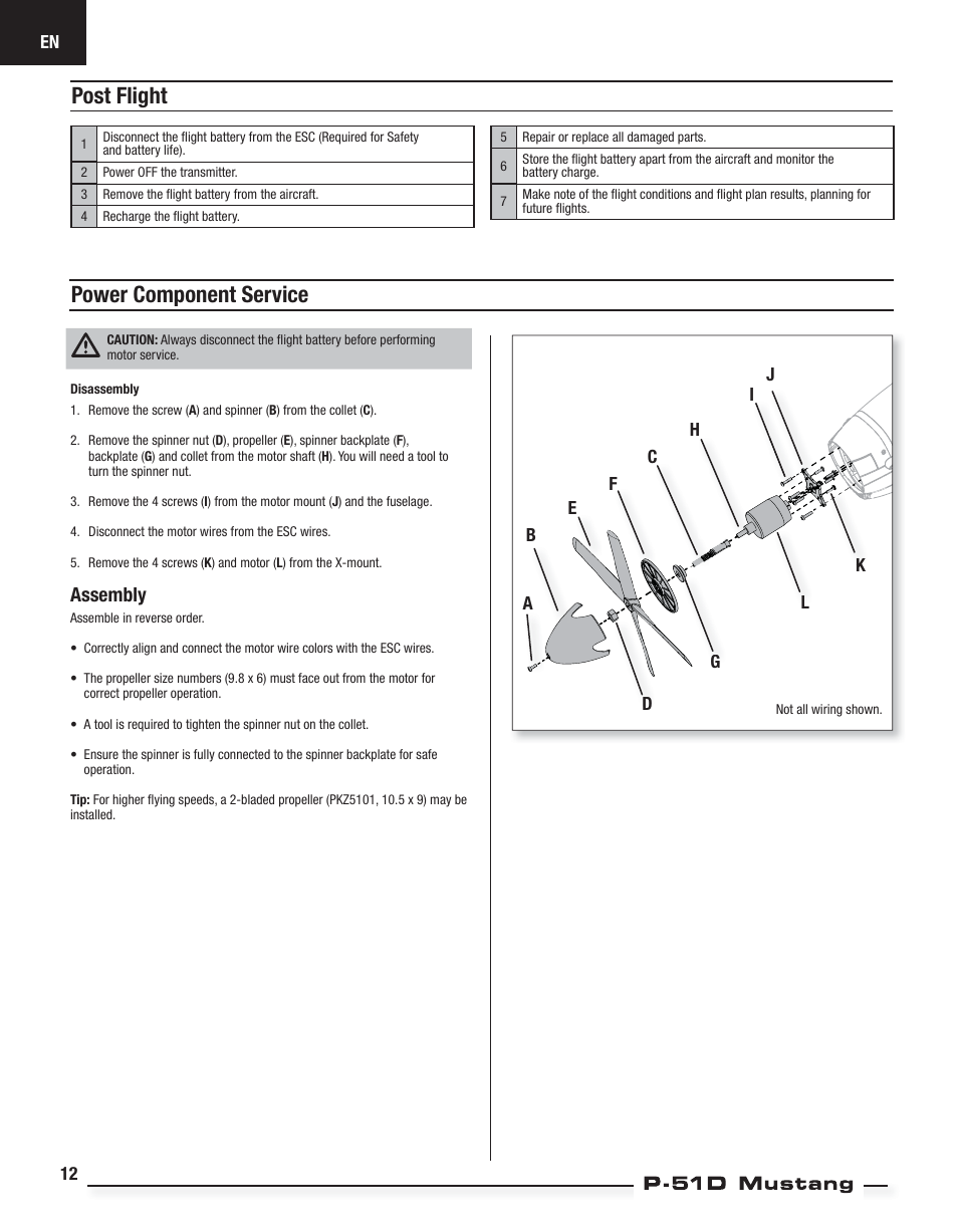 Power component service, Post flight, Assembly | E-flite P-51D Mustang BNF Basic User Manual | Page 12 / 20