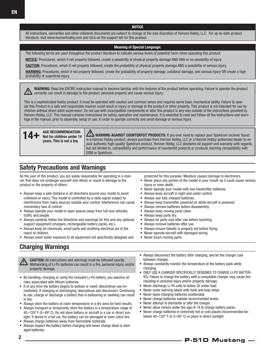 Safety precautions and warnings charging warnings | E-flite P-51D Mustang BNF Basic User Manual | Page 2 / 20