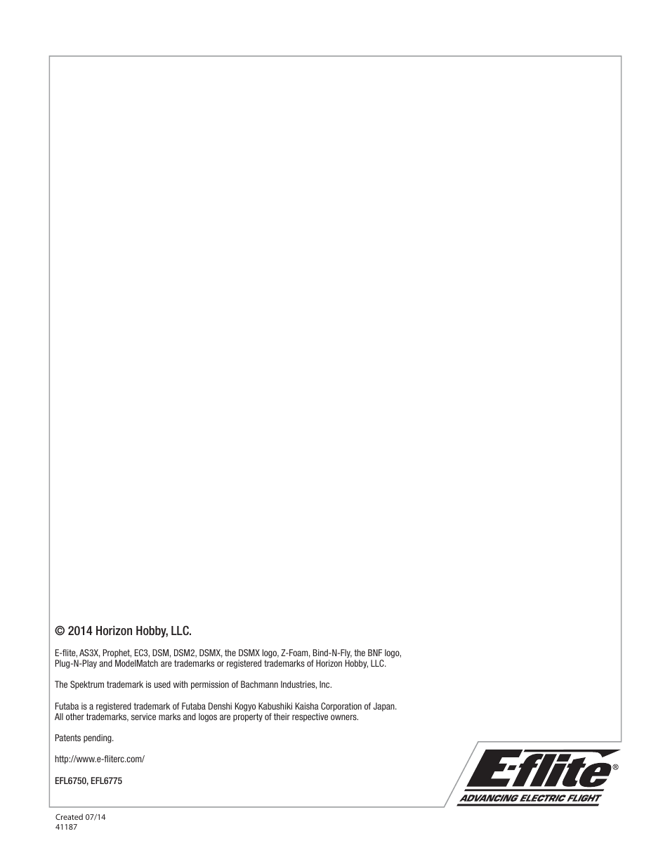 2014 horizon hobby, llc | E-flite P-51D Mustang BNF Basic User Manual | Page 20 / 20