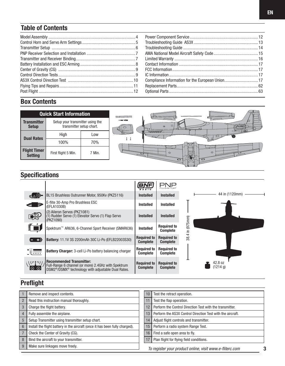 E-flite P-51D Mustang BNF Basic User Manual | Page 3 / 20