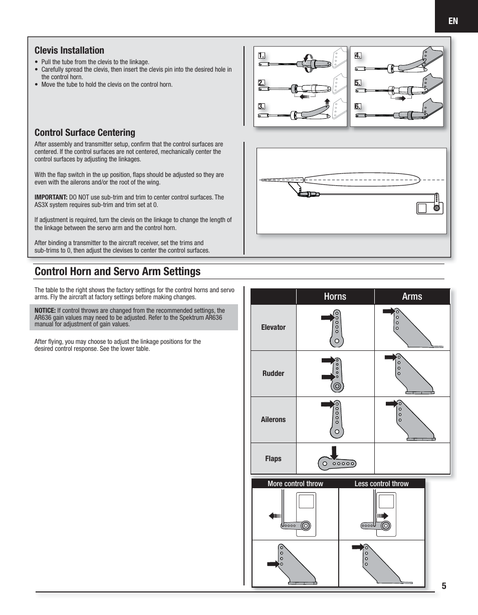 Control horn and servo arm settings, Control surface centering, Clevis installation | Horns arms | E-flite P-51D Mustang BNF Basic User Manual | Page 5 / 20