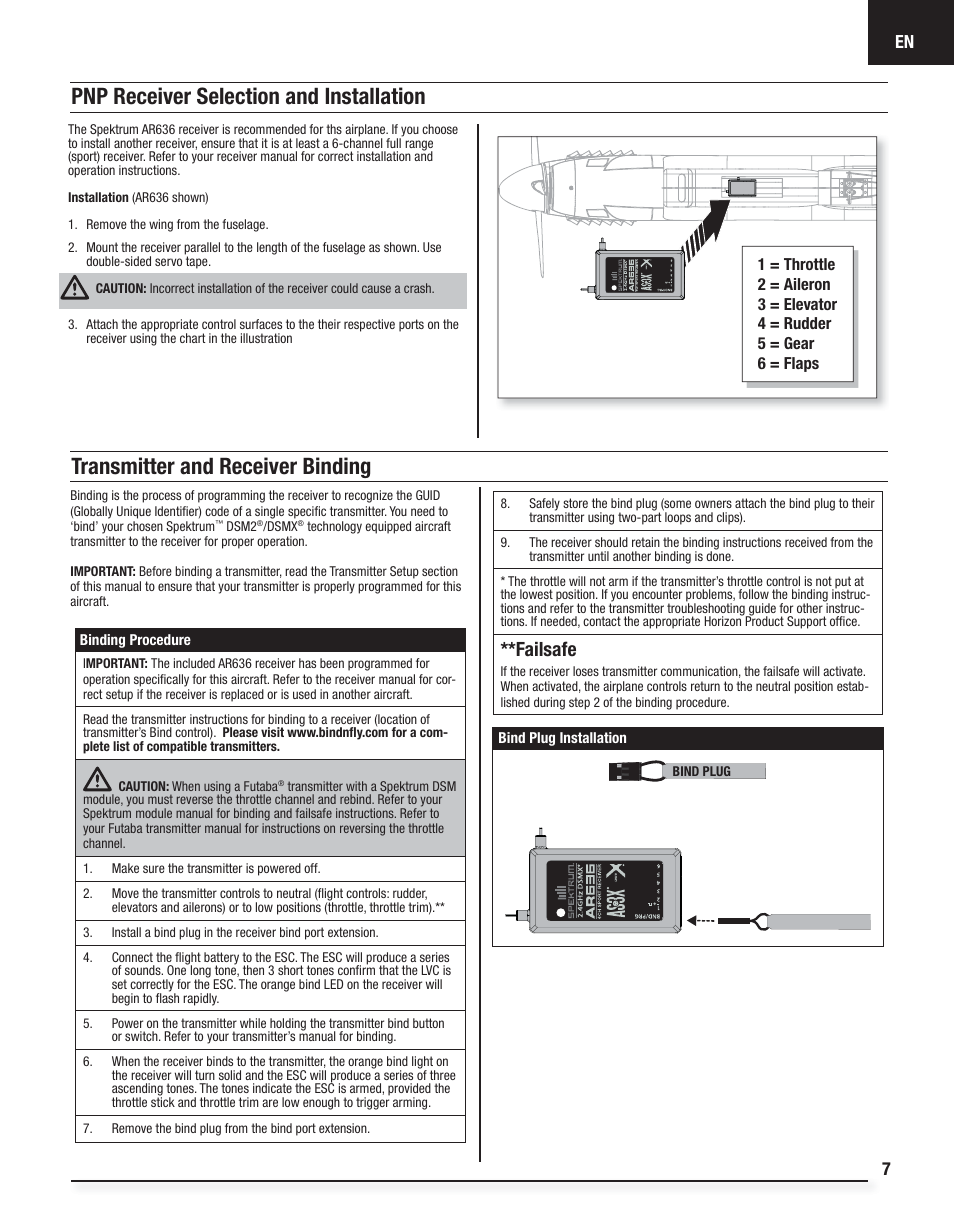 Transmitter and receiver binding, Pnp receiver selection and installation, Failsafe | E-flite P-51D Mustang BNF Basic User Manual | Page 7 / 20