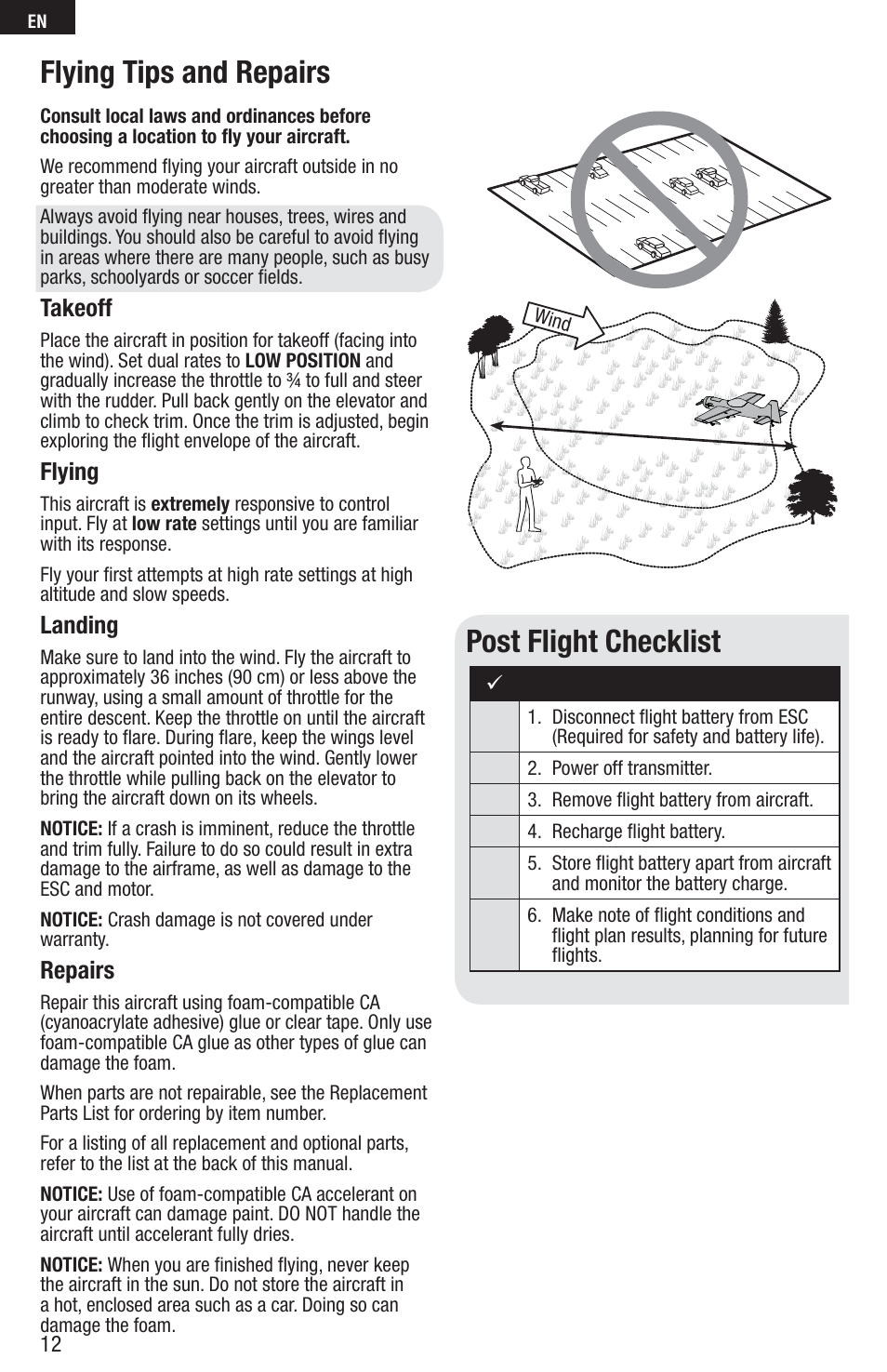 Flying tips and repairs, Post flight checklist, Takeoff | Flying, Landing, Repairs | E-flite Inverza 280 BNF Basic User Manual | Page 12 / 19