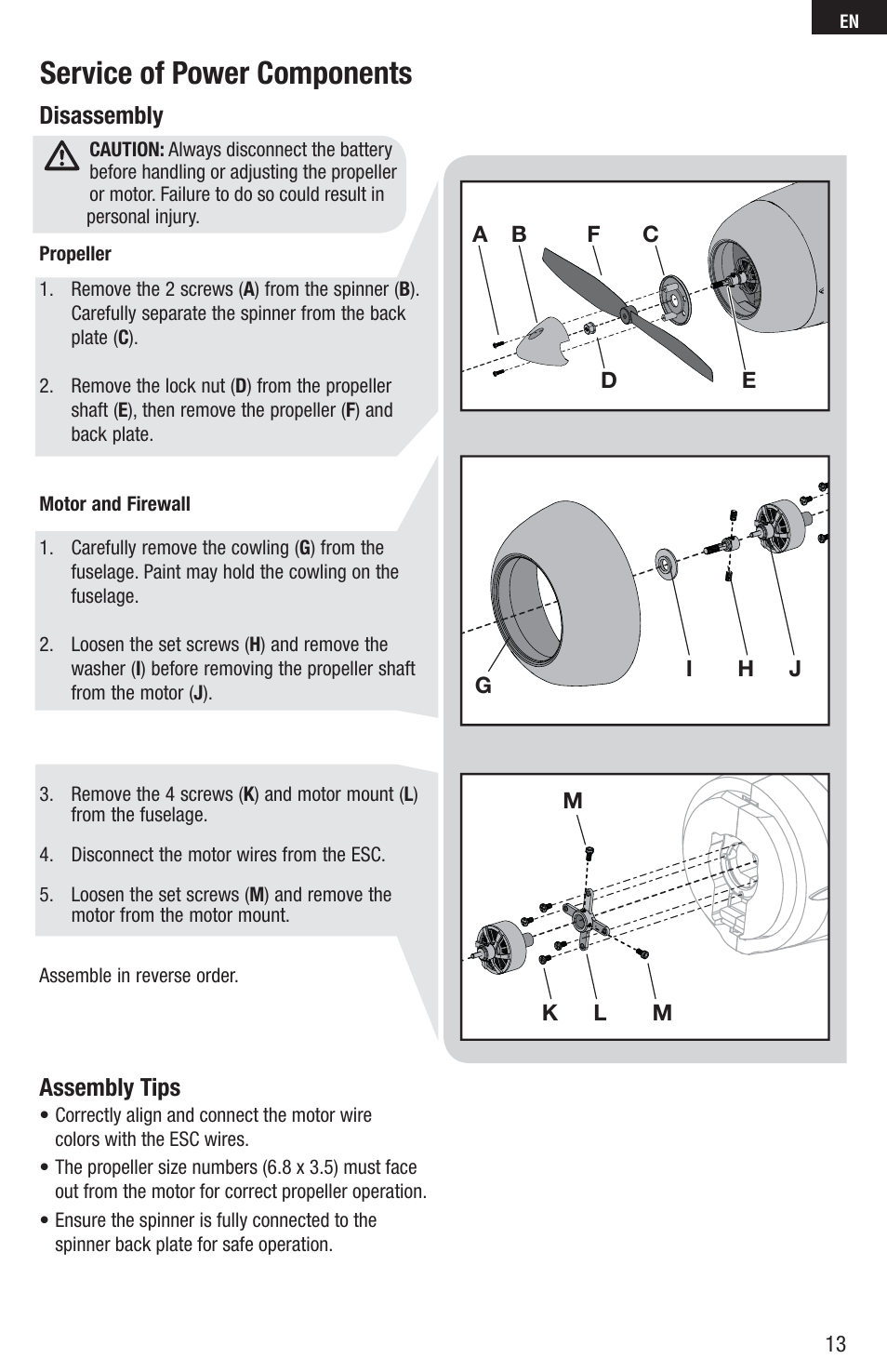 Service of power components, Disassembly, Assembly tips | E-flite Inverza 280 BNF Basic User Manual | Page 13 / 19
