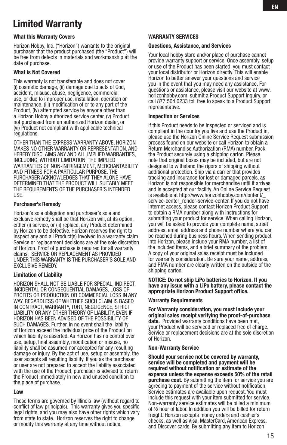 Limited warranty | E-flite Inverza 280 BNF Basic User Manual | Page 15 / 19