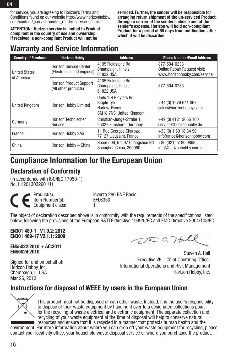 Compliance information for the european union, Warranty and service information, Declaration of conformity | E-flite Inverza 280 BNF Basic User Manual | Page 16 / 19