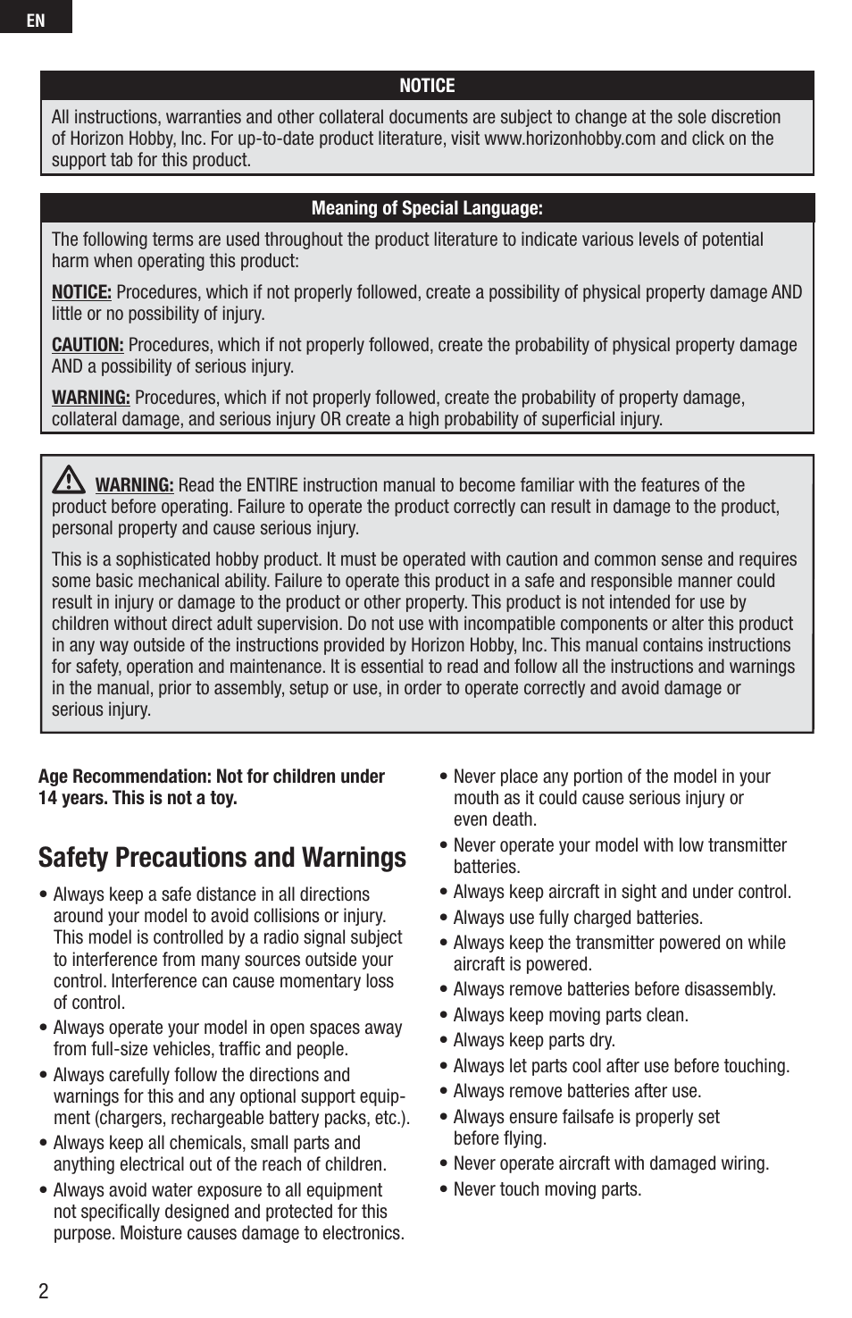 Safety precautions and warnings | E-flite Inverza 280 BNF Basic User Manual | Page 2 / 19