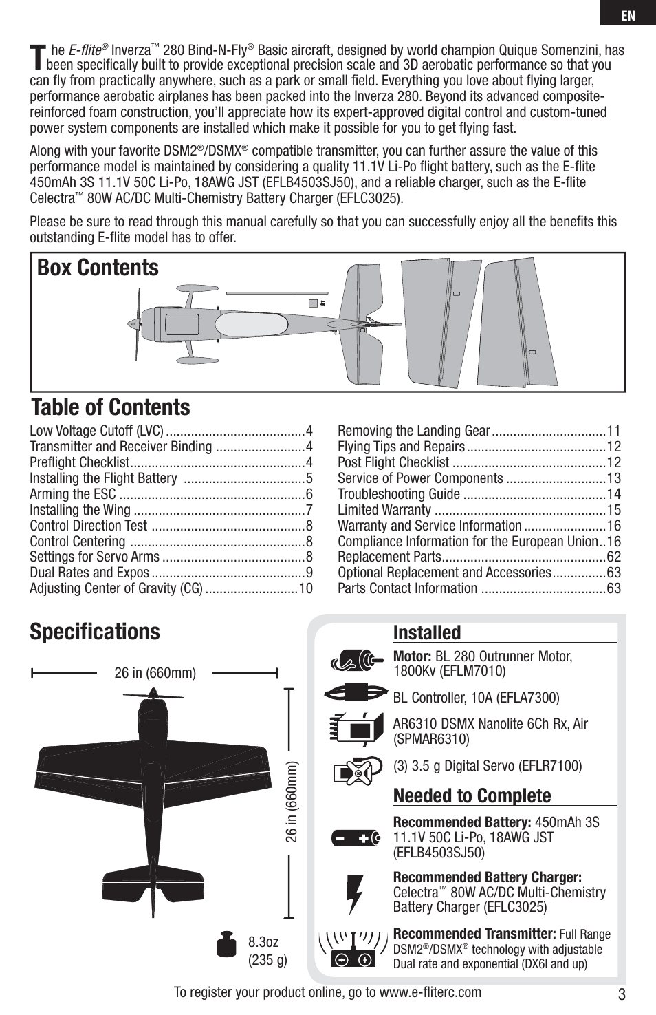 E-flite Inverza 280 BNF Basic User Manual | Page 3 / 19