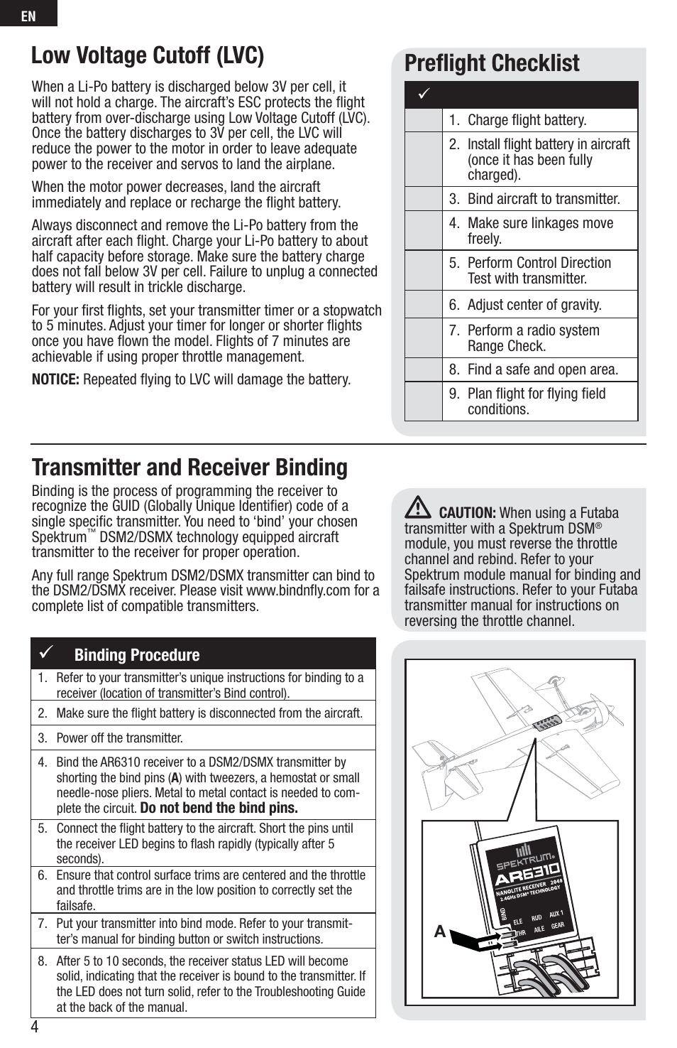 Preﬂ ight checklist, Low voltage cutoff (lvc), Transmitter and receiver binding | E-flite Inverza 280 BNF Basic User Manual | Page 4 / 19
