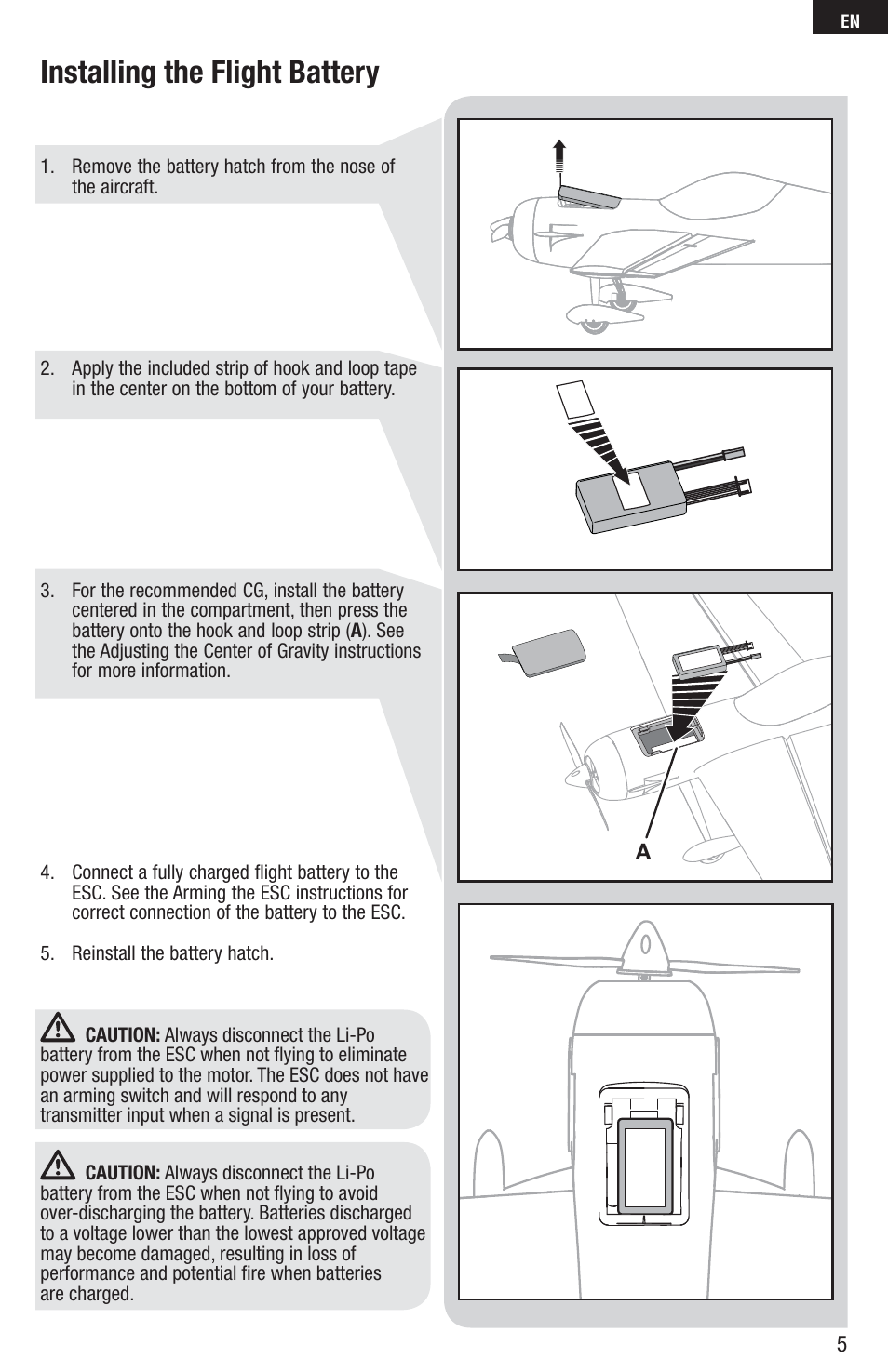 Installing the flight battery | E-flite Inverza 280 BNF Basic User Manual | Page 5 / 19