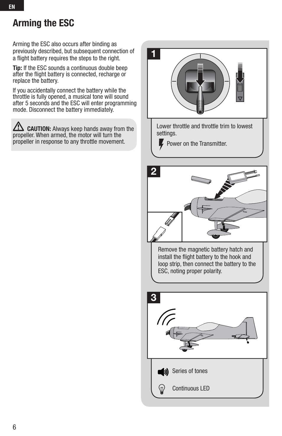 Arming the esc | E-flite Inverza 280 BNF Basic User Manual | Page 6 / 19