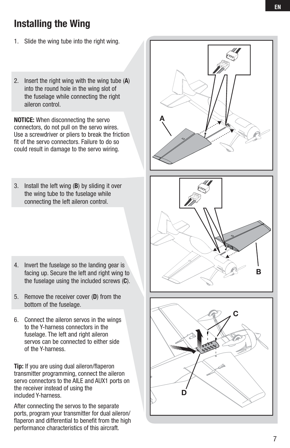 Installing the wing | E-flite Inverza 280 BNF Basic User Manual | Page 7 / 19