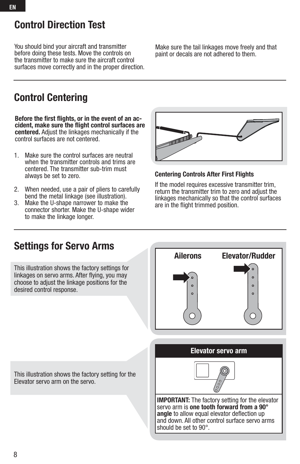 Control centering, Settings for servo arms, Control direction test | E-flite Inverza 280 BNF Basic User Manual | Page 8 / 19