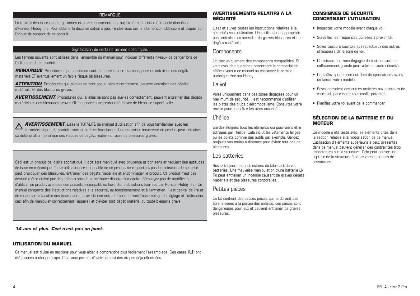 Composants, Le vol, L’hélice | Les batteries, Petites pièces | E-flite Allusive 2.2m ARF User Manual | Page 4 / 36