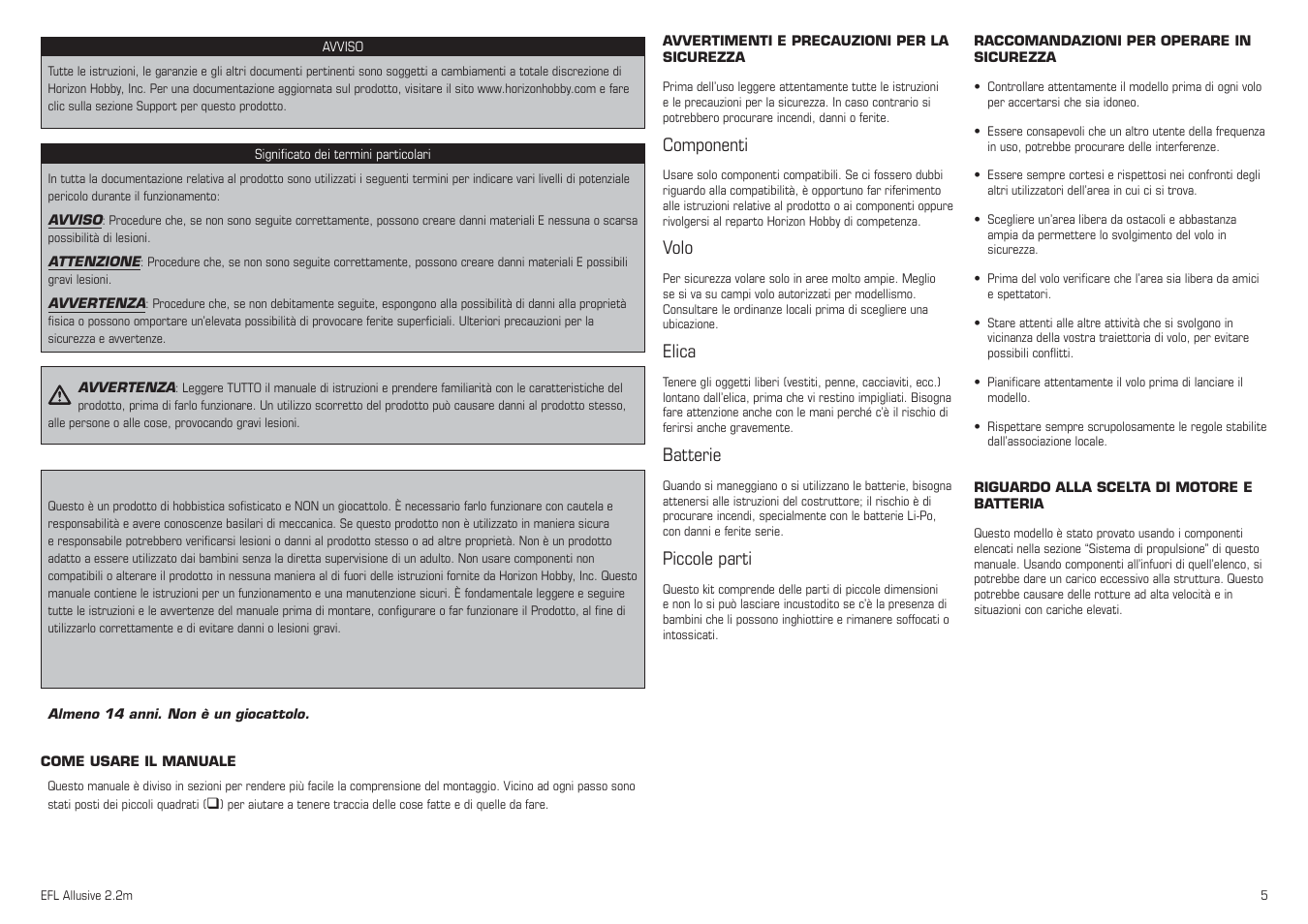 Componenti, Volo, Elica | Batterie, Piccole parti | E-flite Allusive 2.2m ARF User Manual | Page 5 / 36