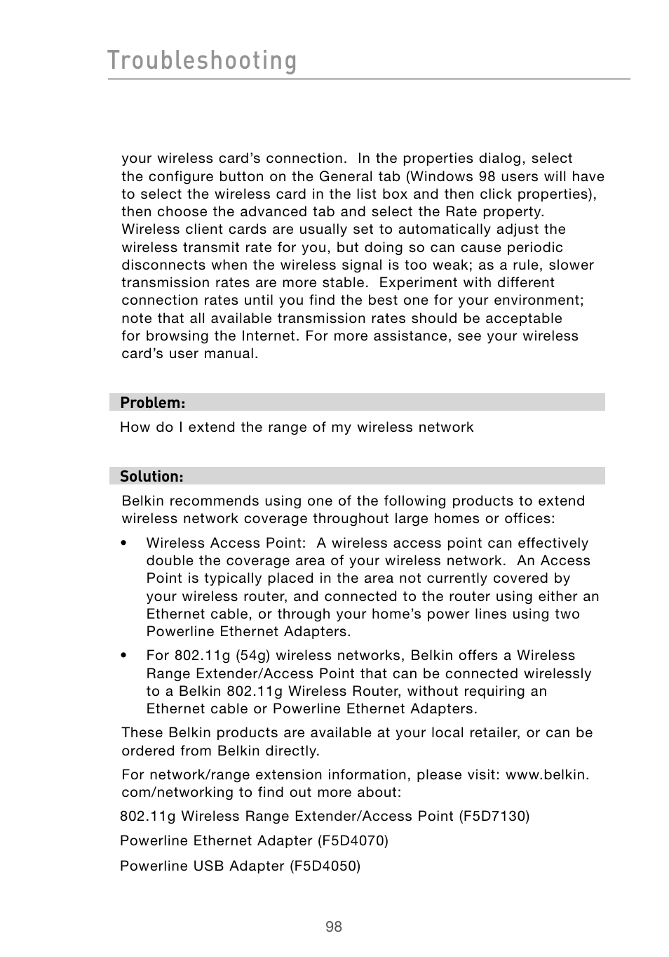 Troubleshooting | Belkin Wireless G Desktop Card F5D7000 User Manual | Page 100 / 116