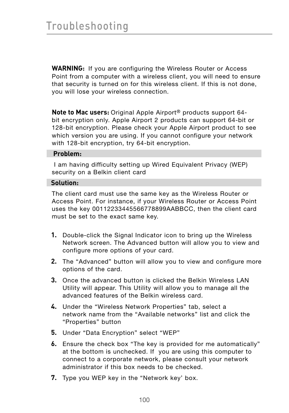 Troubleshooting | Belkin Wireless G Desktop Card F5D7000 User Manual | Page 102 / 116