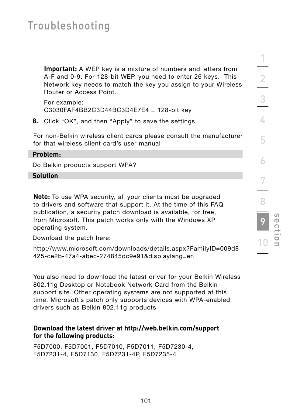 Troubleshooting, Se ct io n | Belkin Wireless G Desktop Card F5D7000 User Manual | Page 103 / 116