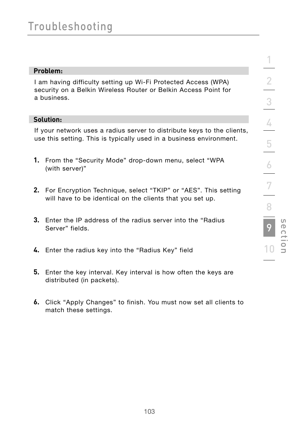 Troubleshooting, Se ct io n | Belkin Wireless G Desktop Card F5D7000 User Manual | Page 105 / 116