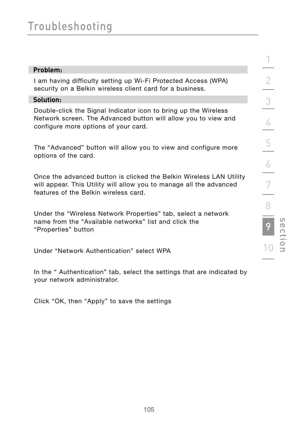 Troubleshooting | Belkin Wireless G Desktop Card F5D7000 User Manual | Page 107 / 116