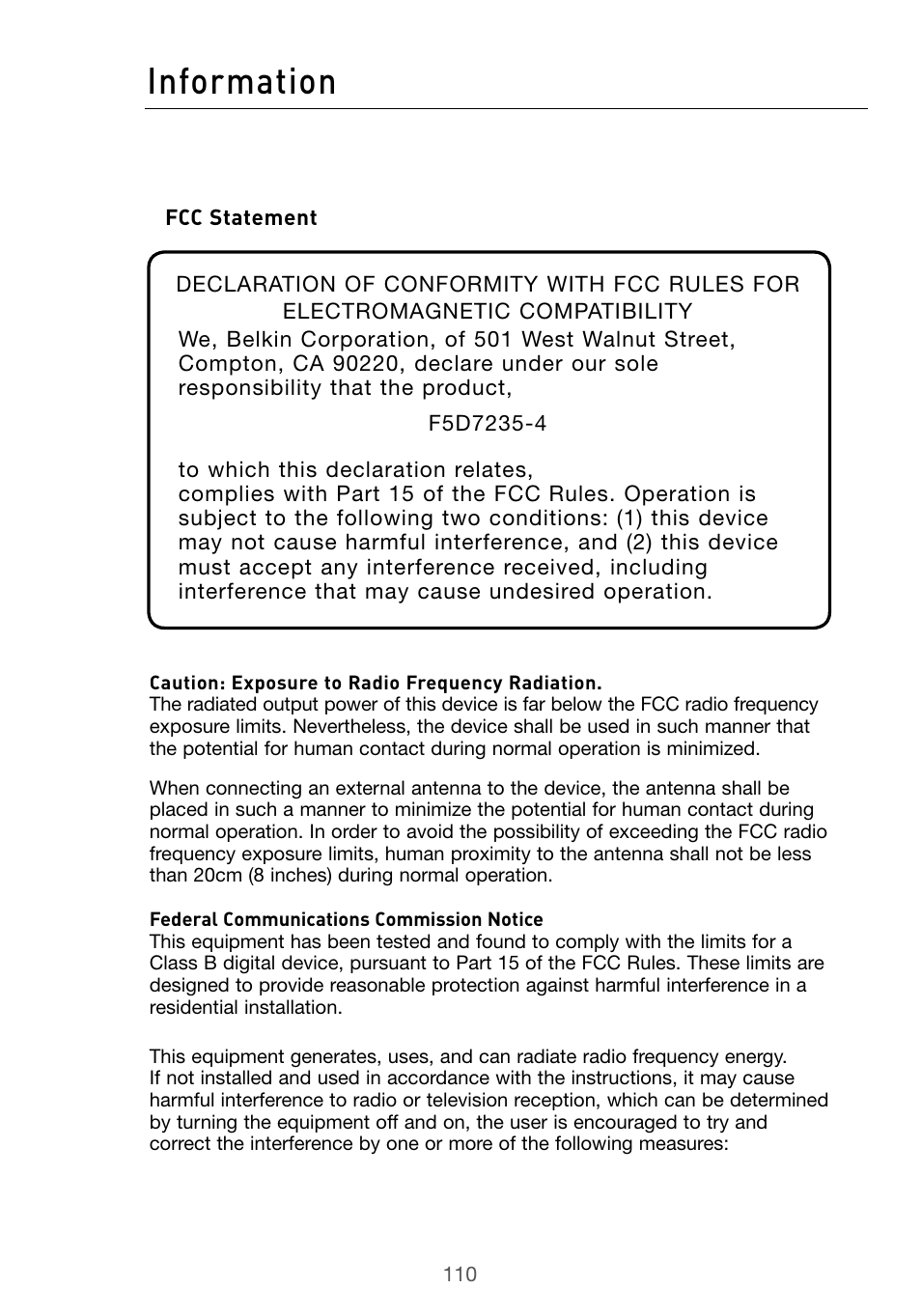Information | Belkin Wireless G Desktop Card F5D7000 User Manual | Page 112 / 116