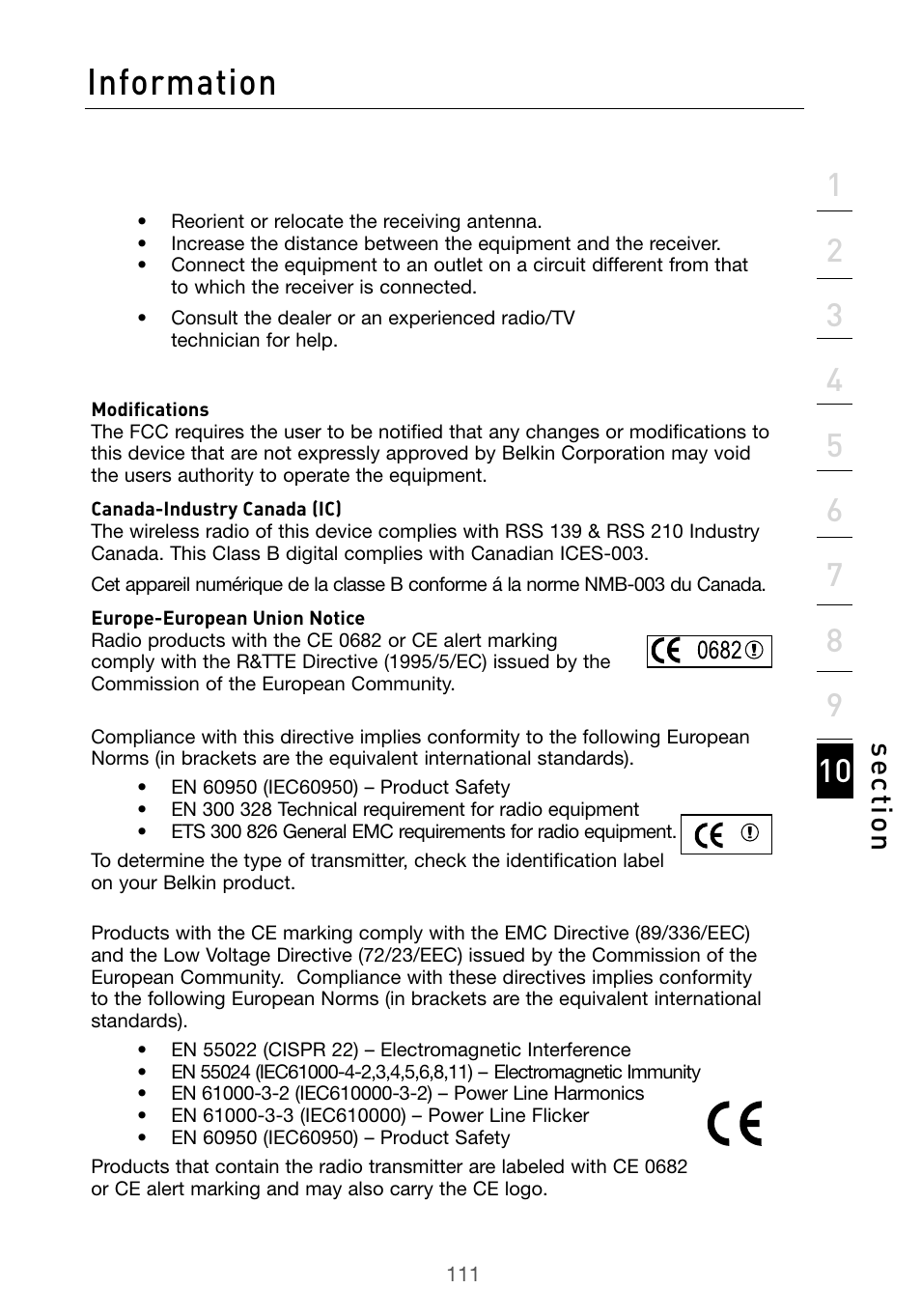 Information, Se ct io n | Belkin Wireless G Desktop Card F5D7000 User Manual | Page 113 / 116