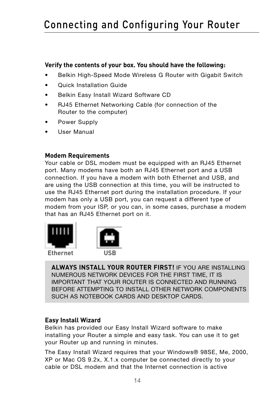 Connecting and configuring your router | Belkin Wireless G Desktop Card F5D7000 User Manual | Page 16 / 116