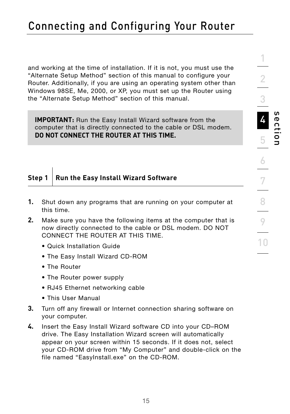 Connecting and configuring your router, Se ct io n | Belkin Wireless G Desktop Card F5D7000 User Manual | Page 17 / 116