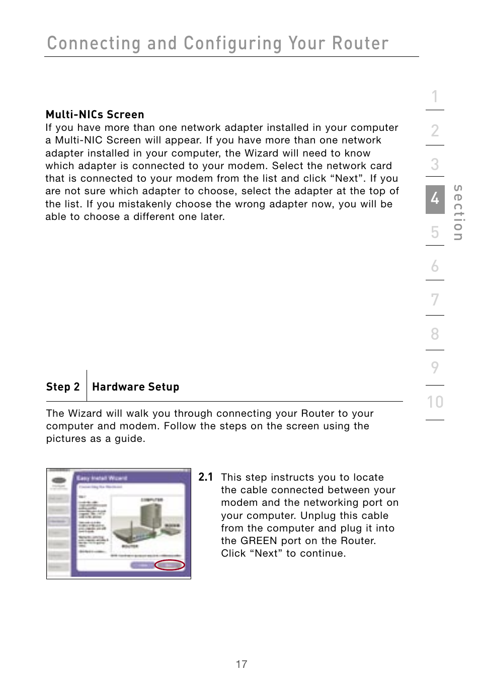 Connecting and configuring your router | Belkin Wireless G Desktop Card F5D7000 User Manual | Page 19 / 116