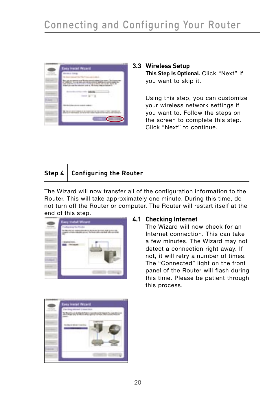 Connecting and configuring your router | Belkin Wireless G Desktop Card F5D7000 User Manual | Page 22 / 116