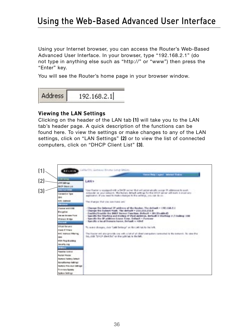 Using the web-based advanced user interface | Belkin Wireless G Desktop Card F5D7000 User Manual | Page 38 / 116
