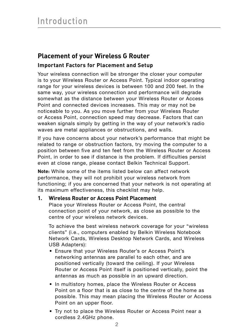 Introduction, Placement of your wireless g router | Belkin Wireless G Desktop Card F5D7000 User Manual | Page 4 / 116