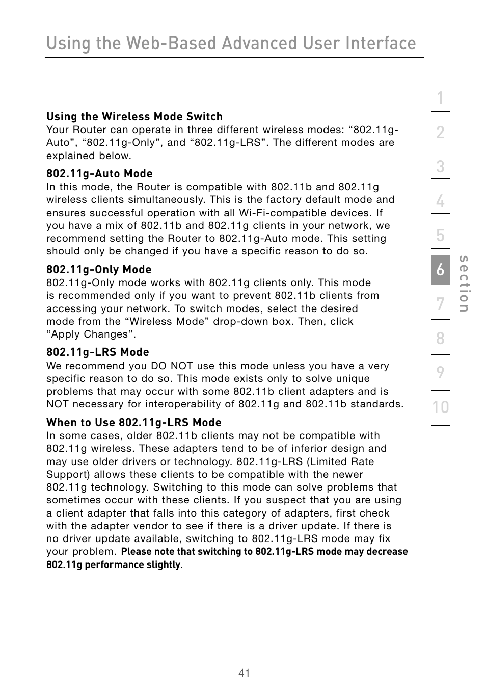 Using the web-based advanced user interface, Se ct io n | Belkin Wireless G Desktop Card F5D7000 User Manual | Page 43 / 116