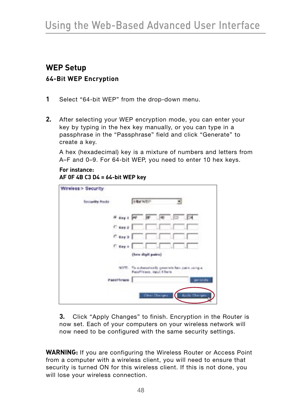 Using the web-based advanced user interface, Wep setup | Belkin Wireless G Desktop Card F5D7000 User Manual | Page 50 / 116