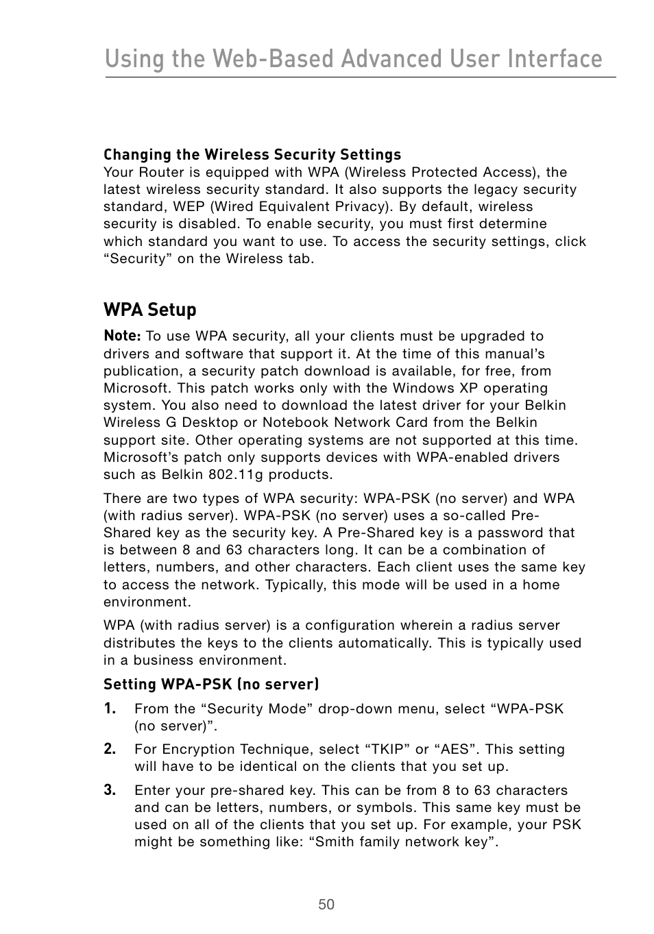 Using the web-based advanced user interface, Wpa setup | Belkin Wireless G Desktop Card F5D7000 User Manual | Page 52 / 116