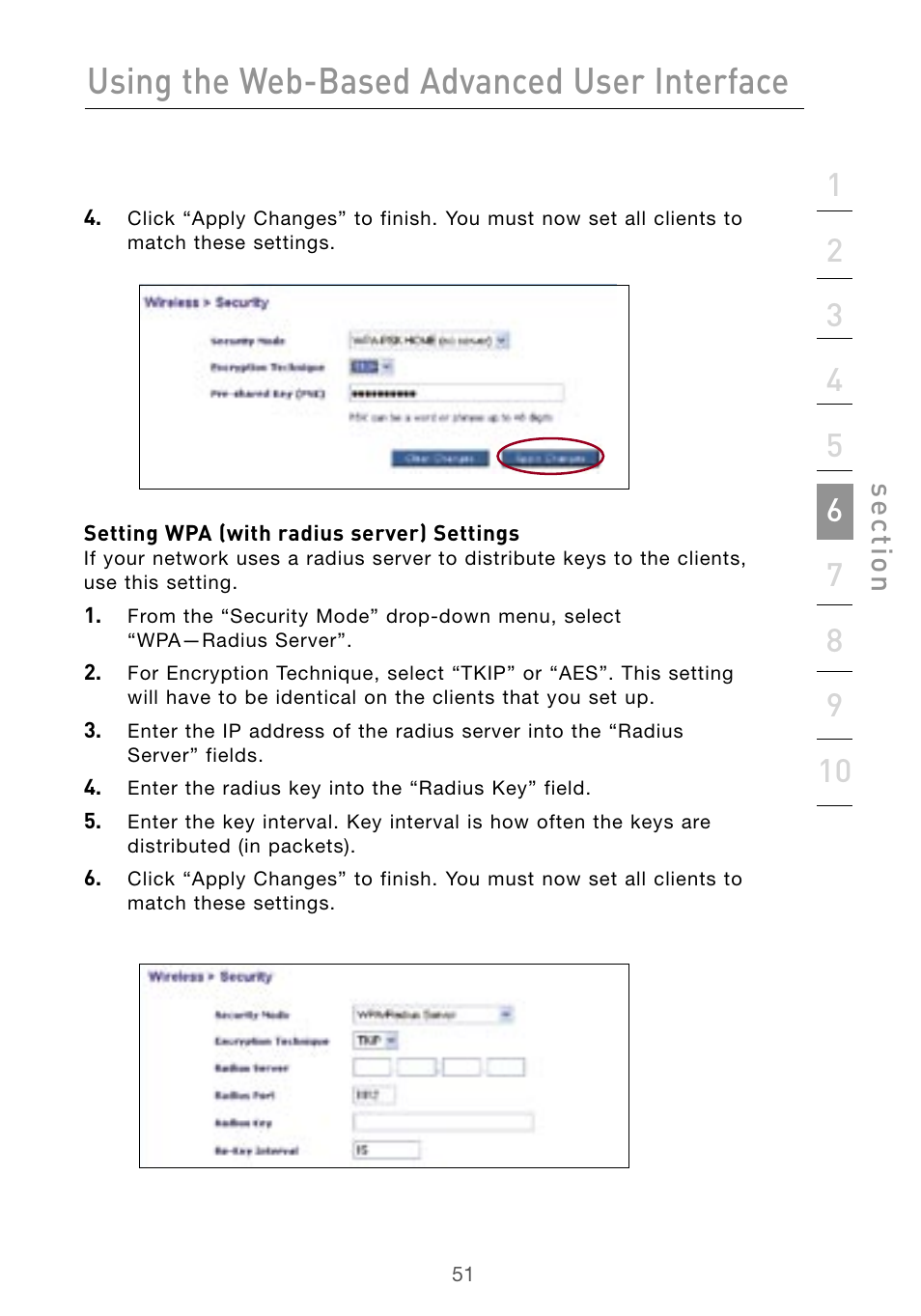 Using the web-based advanced user interface, Se ct io n | Belkin Wireless G Desktop Card F5D7000 User Manual | Page 53 / 116