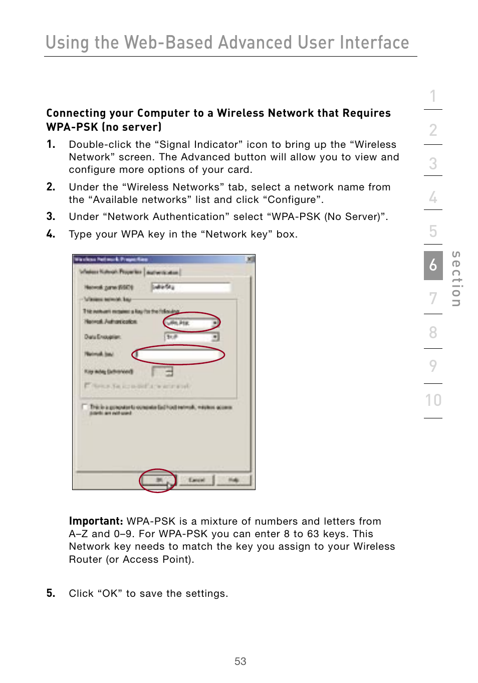 Using the web-based advanced user interface, Se ct io n | Belkin Wireless G Desktop Card F5D7000 User Manual | Page 55 / 116